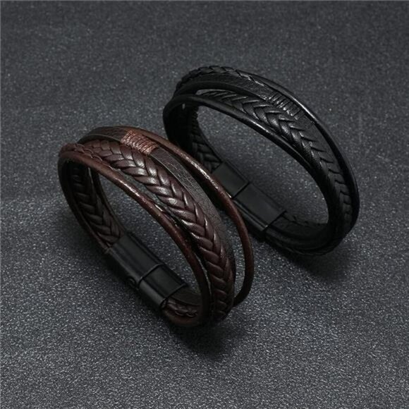 Mens Black Brown Leather Bracelet Multi Strand Braided Casual Wristband Gift - Picture 5 of 8